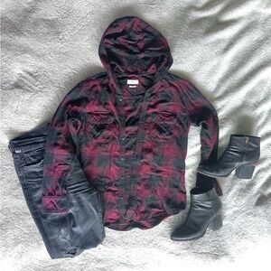 TNA 100% cotton Plaid Hooded Shirt